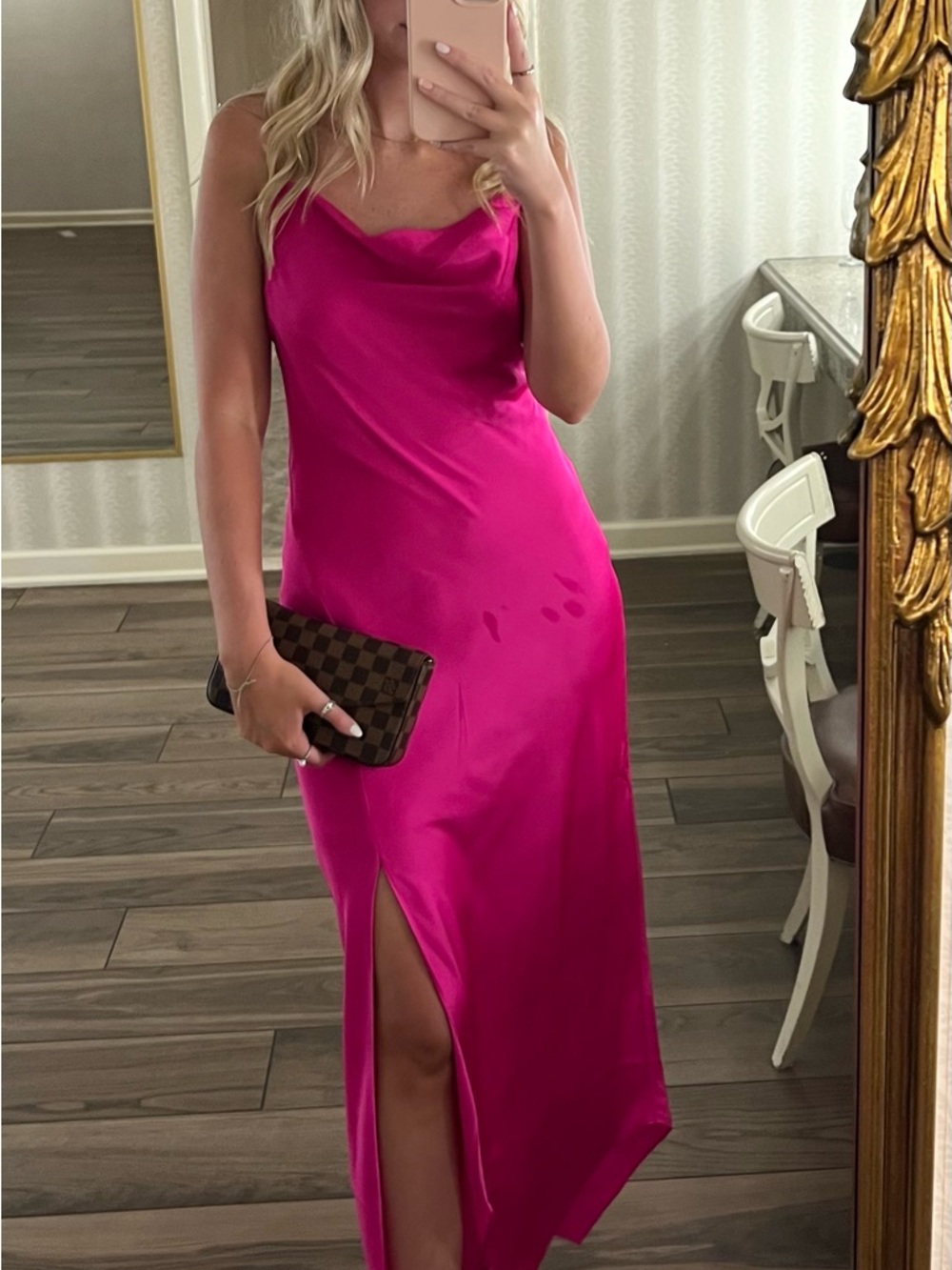 Express Hot Pink Satin Midi Slip Dress with Side Slit